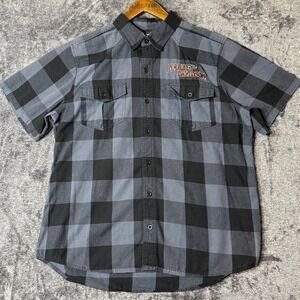 Harley Davidson Mens Plaid Button Up Shirt XL Gray Short Sleeve Emblem Patch